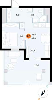 1-к квартира, вторичка, 52м2, 2/6 этаж