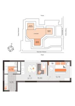 1-к квартира, вторичка, 38м2, 8/21 этаж