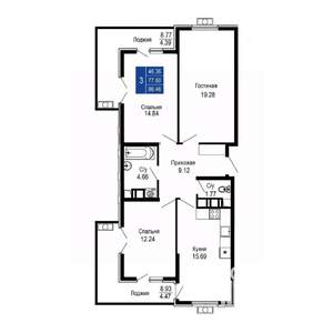 3-к квартира, строящийся дом, 86м2, 13/14 этаж
