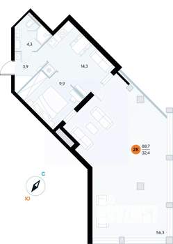 1-к квартира, строящийся дом, 88м2, 2/7 этаж