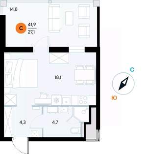 Студия квартира, строящийся дом, 42м2, 6/7 этаж