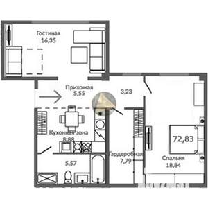 2-к квартира, вторичка, 73м2, 6/9 этаж