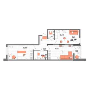 2-к квартира, строящийся дом, 60м2, 13/13 этаж