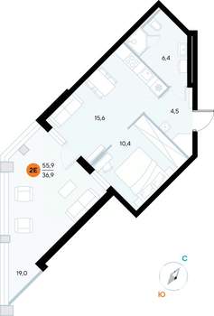 1-к квартира, строящийся дом, 56м2, 2/7 этаж