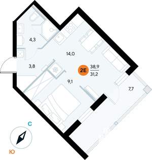 1-к квартира, строящийся дом, 39м2, 5/7 этаж