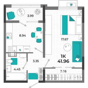 1-к квартира, вторичка, 42м2, 6/13 этаж