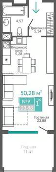 1-к квартира, строящийся дом, 50м2, 2/9 этаж