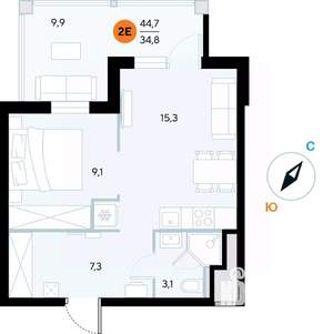 1-к квартира, строящийся дом, 45м2, 4/7 этаж