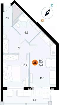 1-к квартира, строящийся дом, 51м2, 2/7 этаж
