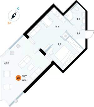 1-к квартира, строящийся дом, 59м2, 1/7 этаж