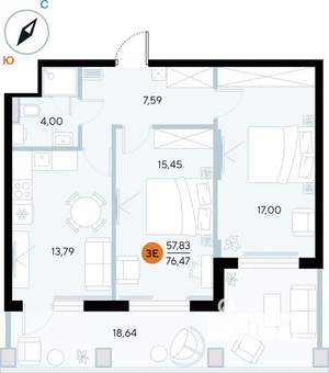 2-к квартира, строящийся дом, 76м2, 2/9 этаж