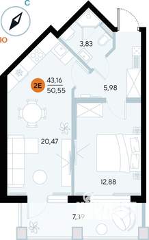1-к квартира, строящийся дом, 51м2, 6/9 этаж