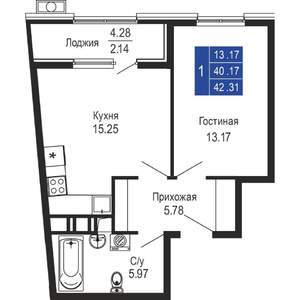 1-к квартира, строящийся дом, 42м2, 2/14 этаж