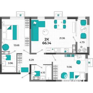 2-к квартира, вторичка, 66м2, 6/13 этаж