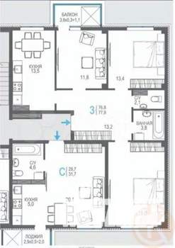 3-к квартира, сданный дом, 78м2, 8/8 этаж