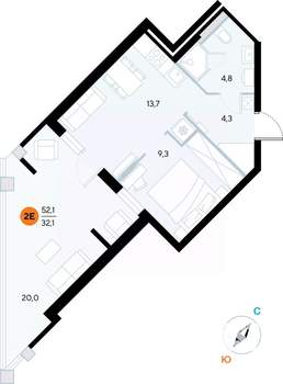 1-к квартира, строящийся дом, 52м2, 2/7 этаж