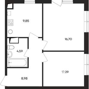 2-к квартира, строящийся дом, 52м2, 4/4 этаж