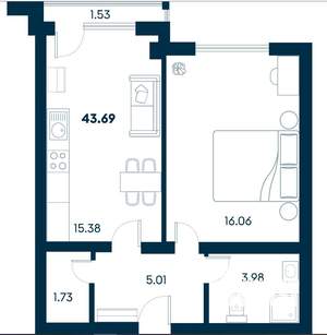 2-к квартира, строящийся дом, 44м2, 5/8 этаж