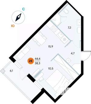 1-к квартира, строящийся дом, 44м2, 4/7 этаж
