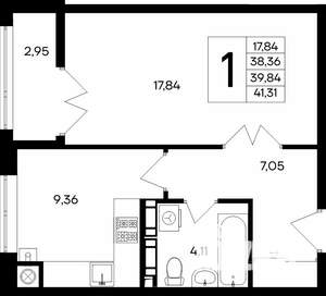 1-к квартира, строящийся дом, 41м2, 1/9 этаж