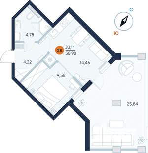 1-к квартира, строящийся дом, 59м2, 1/9 этаж