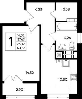 1-к квартира, вторичка, 41м2, 6/9 этаж