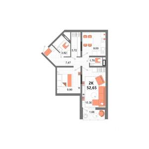 2-к квартира, строящийся дом, 53м2, 6/13 этаж