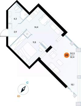 1-к квартира, строящийся дом, 50м2, 2/7 этаж