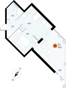 1-к квартира, строящийся дом, 51м2, 3/7 этаж