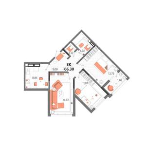 3-к квартира, строящийся дом, 66м2, 9/13 этаж