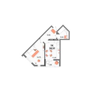 1-к квартира, строящийся дом, 39м2, 4/13 этаж