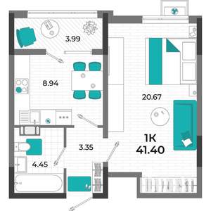 1-к квартира, вторичка, 41м2, 7/13 этаж