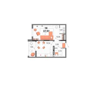 1-к квартира, вторичка, 38м2, 13/13 этаж