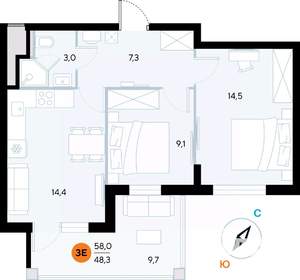 2-к квартира, строящийся дом, 58м2, 4/7 этаж