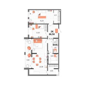 2-к квартира, вторичка, 87м2, 1/13 этаж