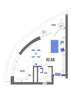 Студия квартира, строящийся дом, 42м2, 14/22 этаж