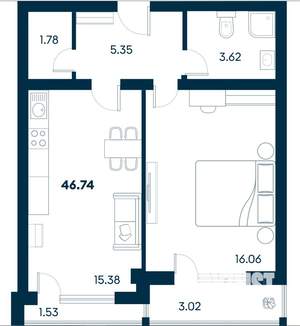 2-к квартира, строящийся дом, 47м2, 7/8 этаж