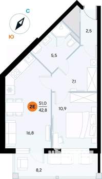 1-к квартира, строящийся дом, 51м2, 3/7 этаж