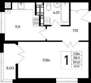 1-к квартира, строящийся дом, 41м2, 7/9 этаж