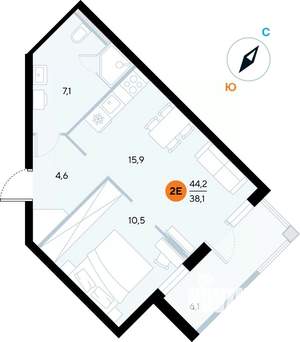 1-к квартира, строящийся дом, 44м2, 4/7 этаж
