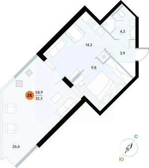 1-к квартира, строящийся дом, 59м2, 1/7 этаж