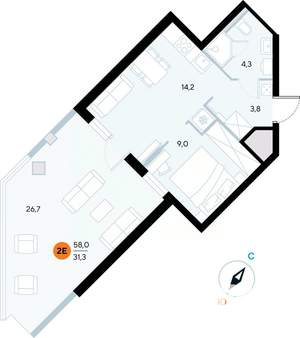 1-к квартира, строящийся дом, 58м2, 1/7 этаж