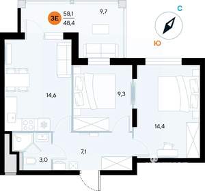 2-к квартира, строящийся дом, 57м2, 5/7 этаж