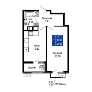 1-к квартира, вторичка, 41м2, 3/14 этаж