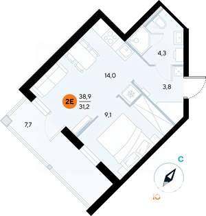 1-к квартира, строящийся дом, 39м2, 4/7 этаж