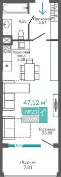 1-к квартира, строящийся дом, 47м2, 3/9 этаж