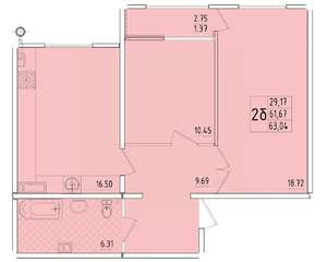 2-к квартира, вторичка, 63м2, 8/8 этаж