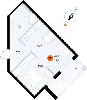 1-к квартира, строящийся дом, 44м2, 4/7 этаж