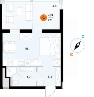 Студия квартира, строящийся дом, 42м2, 5/7 этаж