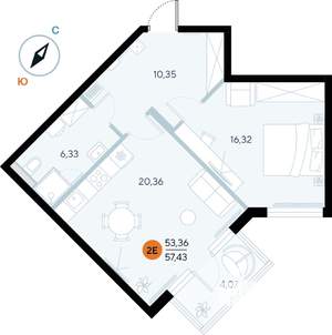 1-к квартира, строящийся дом, 57м2, 7/9 этаж